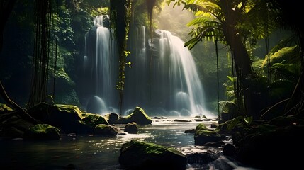 Panoramic view of beautiful waterfall in deep tropical rainforest.