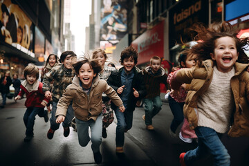 Kinder laufen lachend durch die Stadt. - obrazy, fototapety, plakaty