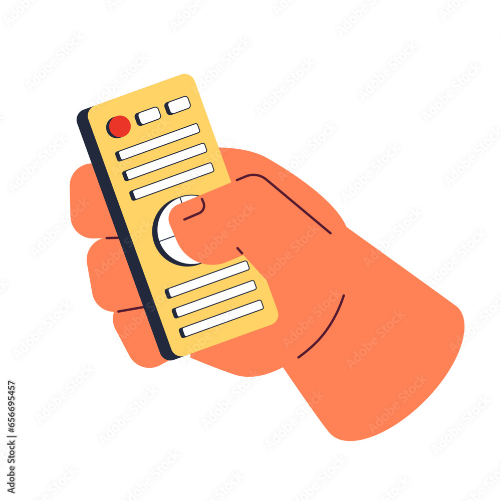 Poster clicking remote control device cartoon character hand illustration. pressing buttons on tv remote co