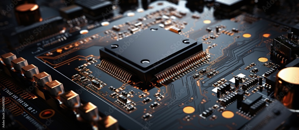 Poster dark environment during electronics manufacturing macro shot of printed circuit board with component