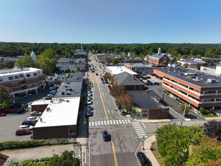Needham historic town center aerial view on Highland Avenue and Great Plain Avenue, Needham, Massachusetts MA, USA.