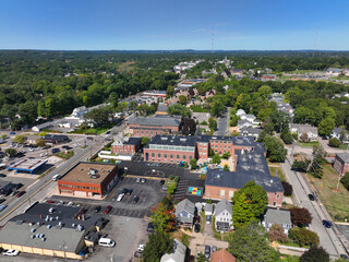 Needham historic town center aerial view on Highland Avenue and Great Plain Avenue, Needham,...