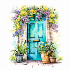 Fototapeta na wymiar House door surrounded by flowers watercolor paint 