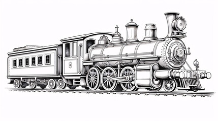 Engraved-style illustration of an antique steam train locomotive..