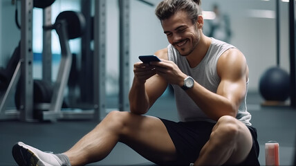 man who sweats on social media at the gym in training Exercise or exercise during breaks.