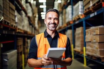 A young and smiling warehouse supervisor using technology to manage inventory and ensure smooth logistics operations. - obrazy, fototapety, plakaty