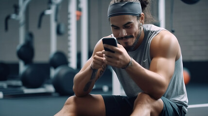 Fototapeta na wymiar man who sweats on social media at the gym in training Exercise or exercise during breaks.