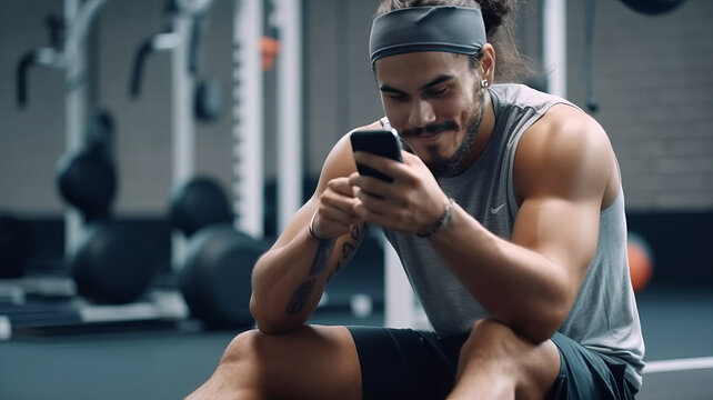 man who sweats on social media at the gym in training Exercise or exercise during breaks. - Powered by Adobe