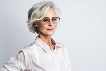 A closeup portrait of a confident and cheerful senior woman in her 60s wearing eyeglasses in a studio.