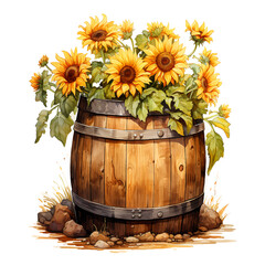 Barrel filled with sunflowers watercolor paint
