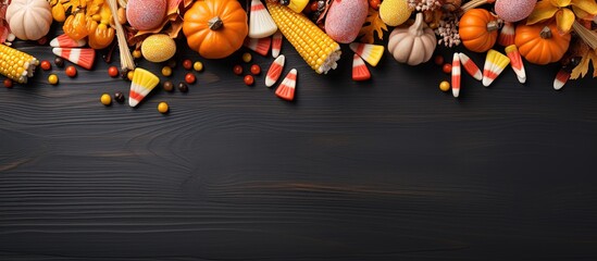 Flat lay view of Halloween holiday banner design featuring candy corn and party decorations seen from above with copyspace for text