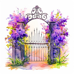 Metal garden gate surrounded by flowers watercolor paint 