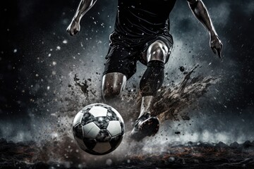 men player playing soccer, football, fight dribbling, soccer boots. Soccer ball on a green large...