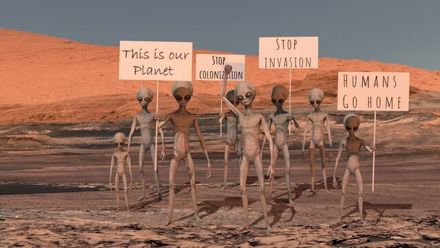 Humorous scene of indigenous aliens or Martians protesting against the colonization of Mars. An astronaut looks at a group of alien protesters. 3d rendering.