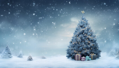 winter christmas tree with snow and gift
