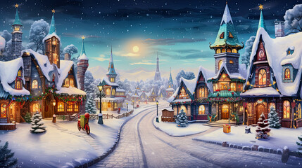 harmonic winter village illustration with snow covered houses with christmas decoration
