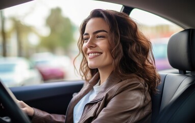 Fototapeta na wymiar А beautiful smiling woman driving a car. Generative AI