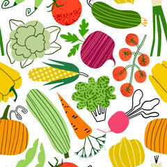 Vegetables seamless pattern hand drawn texture background - 656699487