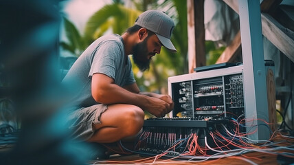 man technician is repairing a fiber optic connection outdoor.generative ai - obrazy, fototapety, plakaty