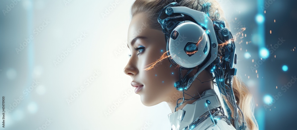 Poster futuristic ai based humanoid robot performing robotic process automation with copyspace for text