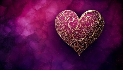 Obraz na płótnie Canvas Gold swirls, spirals adorning a pink heart on textured backdrop of purple, magenta hues. Emotional love symbol celebrating togetherness with your loved ones, whether friends or family. Card, banner.