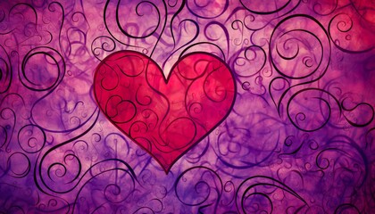 Gold swirls, spirals adorning a pink heart on textured backdrop of purple, magenta hues. Emotional love symbol celebrating togetherness with your loved ones, whether friends or family. Card, banner.