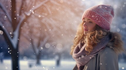 a woman enjoying a walk in a snowy park. She's bundled up in a cozy winter coat, a colorful scarf, gloves, and a cute pom-pom hat. The serene winter landscape enhances the charm of her winter outfit.