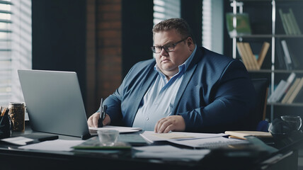Fototapeta na wymiar big size business man, fat man note and check on financial paper at working table.