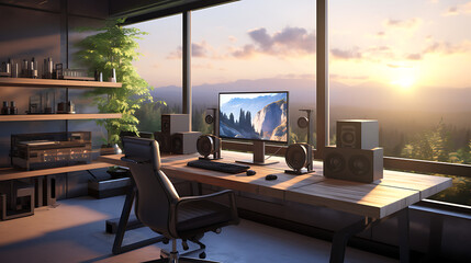 Visualize a modern home office where a young professional sits at a sleek desk, surrounded by dual monitors and ergonomic furniture, typing away on a laptop with a focused expression, while natural li - obrazy, fototapety, plakaty
