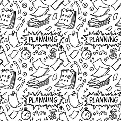 Doodle office seamless patter. Business hand drawn sketch background. Vector illustration. Planning and making strategy concept