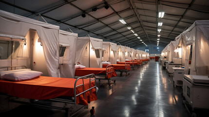 Transport yourself to a makeshift field hospital, with rows of beds under tents, as medical personnel work around the clock to provide care to patients during a surge in cases