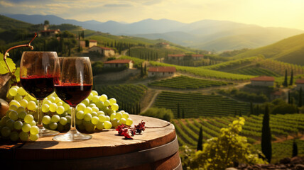 Red wine with barrel on vineyard in green Tuscany.