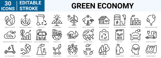 set of 30 line web icons Green economy. financial growth, green city, zero waste,global consumption. ecology. solar energy. Editable stroke.
