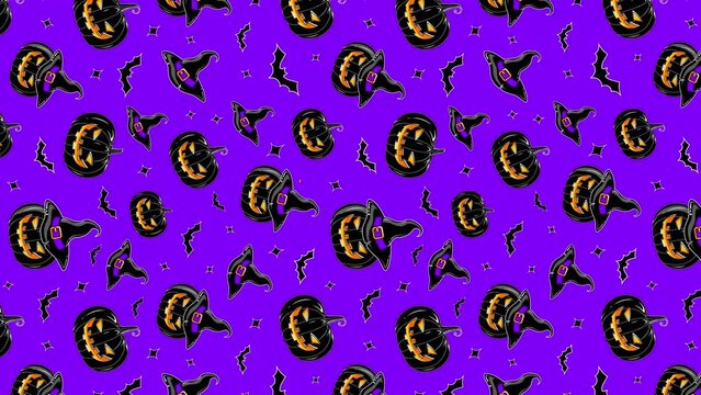 4k animated pattern of halloween pumpkins with witch hats silhouette bats and stars vertical texture background animated wallpaper on purple color background Scary Trick or Treat motion graphic design