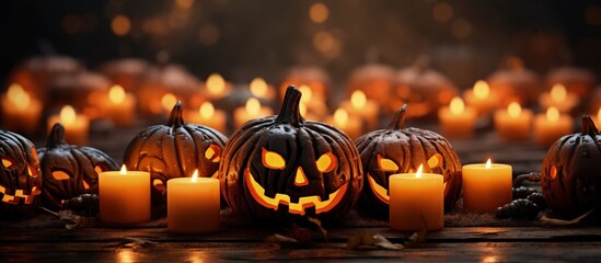 Pumpkin near lit candles with copyspace for text