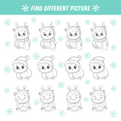 Find different owl in each row and color. Logical game for kids. Cartoon cute owlet. Winter Christmas game. Xmas activity. Vector