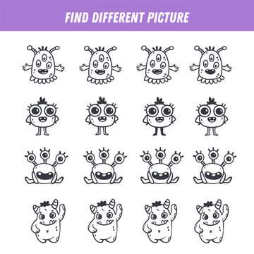 Find different monster in each row. Logical game for kids. Cartoon alien. Doodle. Vector coloring