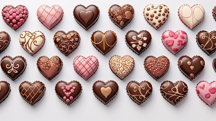 a delectable assortment of heart-shaped chocolate candies elegantly arranged on a pristine white background. The glossy sheen and intricate details of these sweets make them irresistibly tempting.