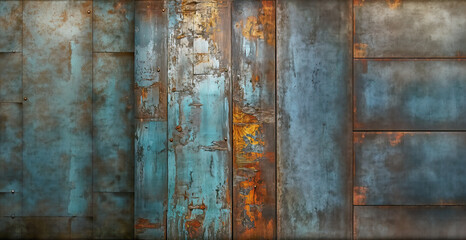 Very beautiful wooden vintage background in cyan colors, turquoise metal finish, weathered panels as a background, banner, generative AI