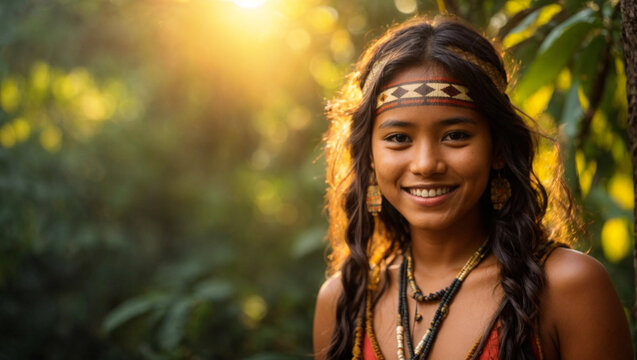 indigenous woman smiling in her home, Amazon jungle tribe, native people, Latin America, summer, dense jungle, living nature