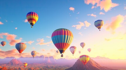 Obraz premium a group of hot air balloons flying over a mountain range. generative ai