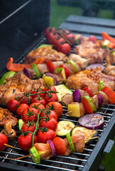 Vegetables and meat are grilled. Selective focus.