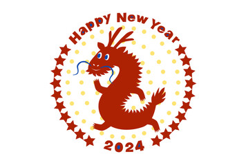 2024年辰年のポップな龍の年賀状イラスト（円形アイコン）