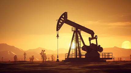 Silhouette of Crude oil pumpjack rig on desert silhouette in evening sunset, energy industrial machine for petroleum gas production generative ai. - obrazy, fototapety, plakaty