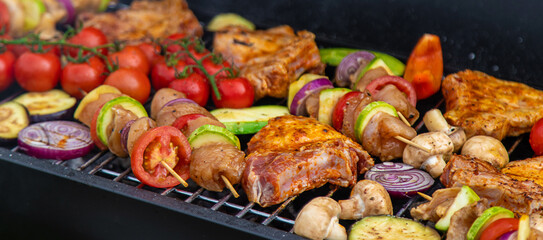 Vegetables and meat are grilled. Selective focus.