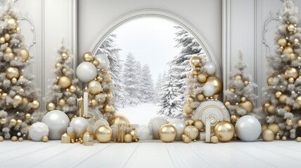 Obraz na płótnie Canvas a stunning collection of Christmas decorations in glittering gold and silver hues. Set against a pristine white background, the ornaments create a festive and radiant atmosphere