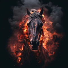Blazing black horse: a fierce visage in flames