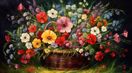  a painting of flowers in a basket on a table top.  generative ai