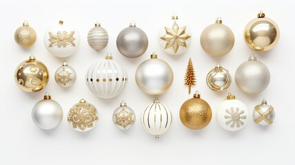 a stunning collection of Christmas decorations in glittering gold and silver hues. Set against a pristine white background, the ornaments create a festive and radiant atmosphere