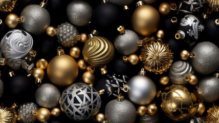 Obraz na płótnie Canvas collection of stunning gold and silver Christmas decorations. Set against a dark, black background, these festive ornaments sparkle and shine. SEAMLESS PATTERN. SEAMLESS WALLPAPER.